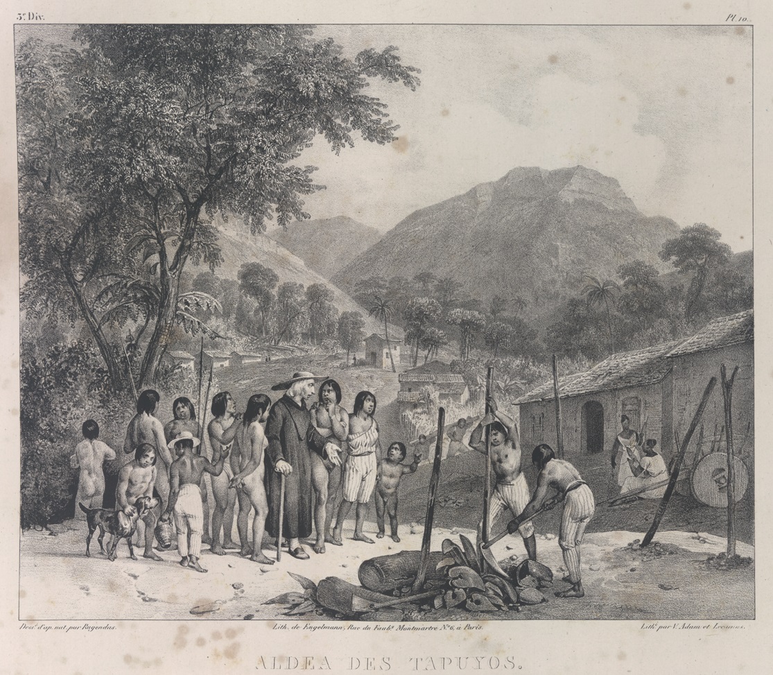 Aldeia dos tapuios. Em: Johann Moritz Rugendas. Voyage pittoresque dans le Brésil... Paris: Engelmann & Cie., 1835. Div. 3, prancha 10. OR 2119