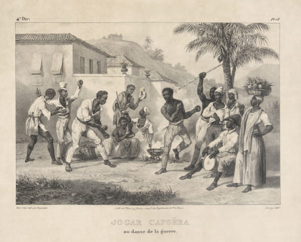 Dançar capoeira ou danse de la guerre. RUGENDAS, Johann Moritz. Voyage pittoresque dans le Brésil. Paris: Publie par Engelmann & cia, 1835.
